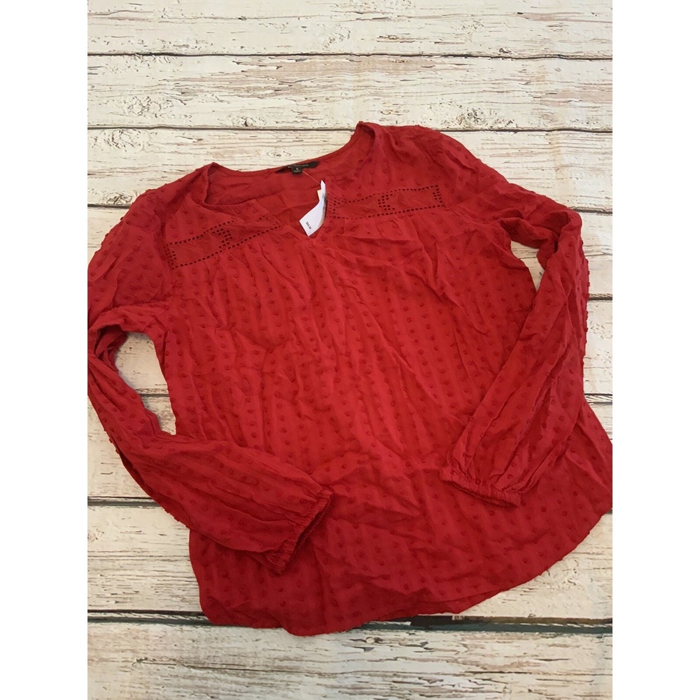Banana Republic Red Top Womens Size Small Keyhole Collar Smocking NWT $64.99